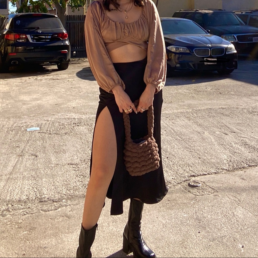 Black midi faux silk skirt